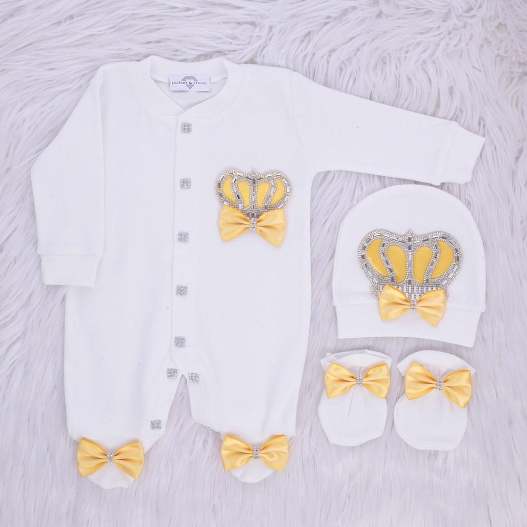Exclusive Royal 3Piece Baby Hospital Exit Bling Outfit  (Yellow satin bow / silver Crown)