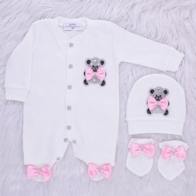 Exclusive Royal 3Piece Baby Hospital Exit Bling Outfit  (pink satin bow / Silver bear)