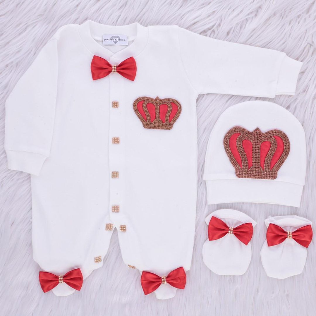 Exclusive Royal 3Piece Baby Hospital Exit Bling Outfit  (Red satin bow / golden crown)