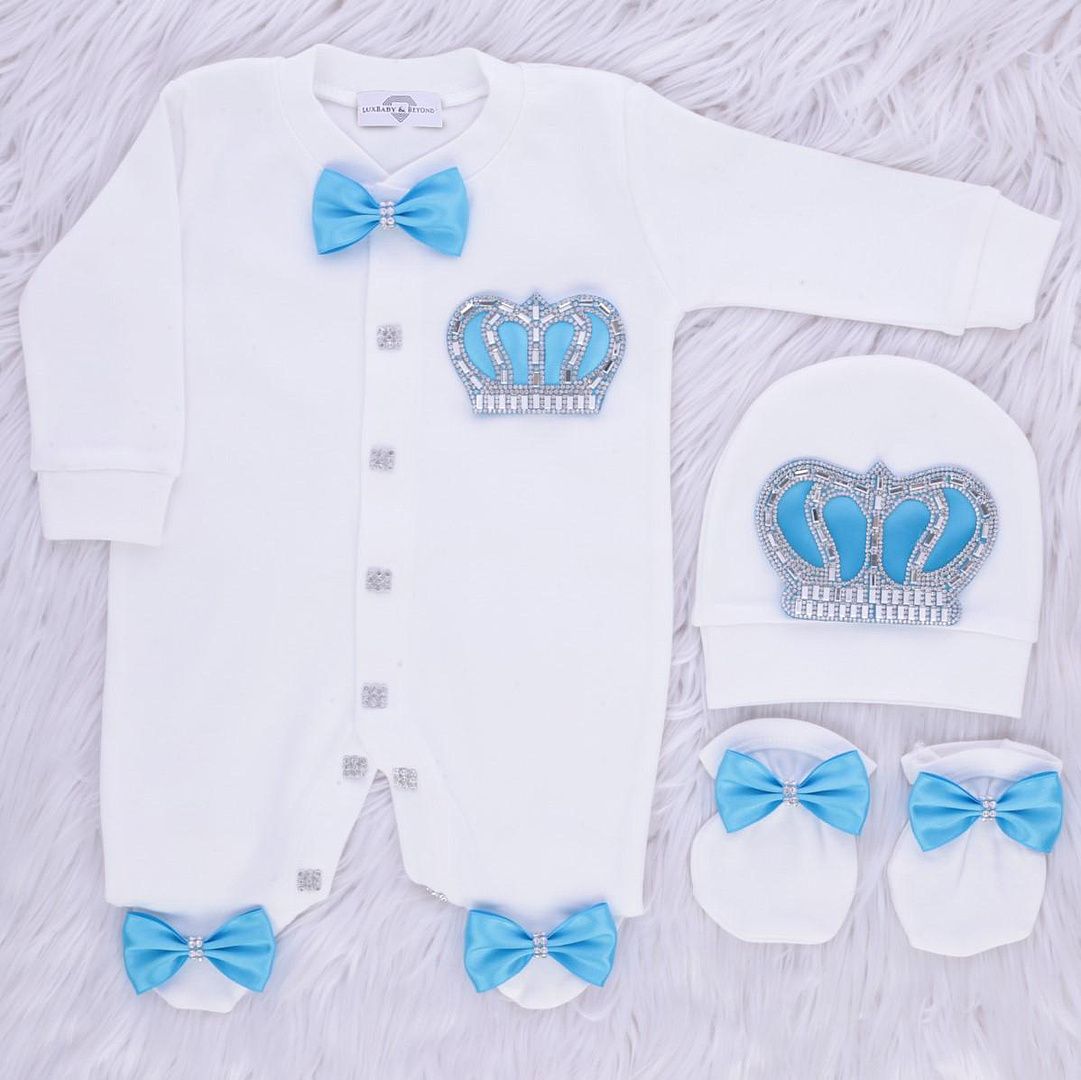Exclusive Royal 3Piece Baby Hospital Exit Bling Outfit  (blue satin bow / silver crown)