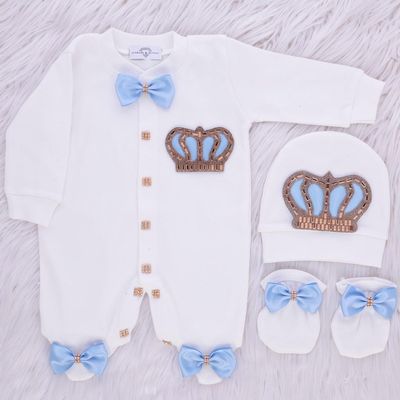 Exclusive Royal 3Piece Baby Hospital Exit Bling Outfit  (blue satin bow / golden crown)