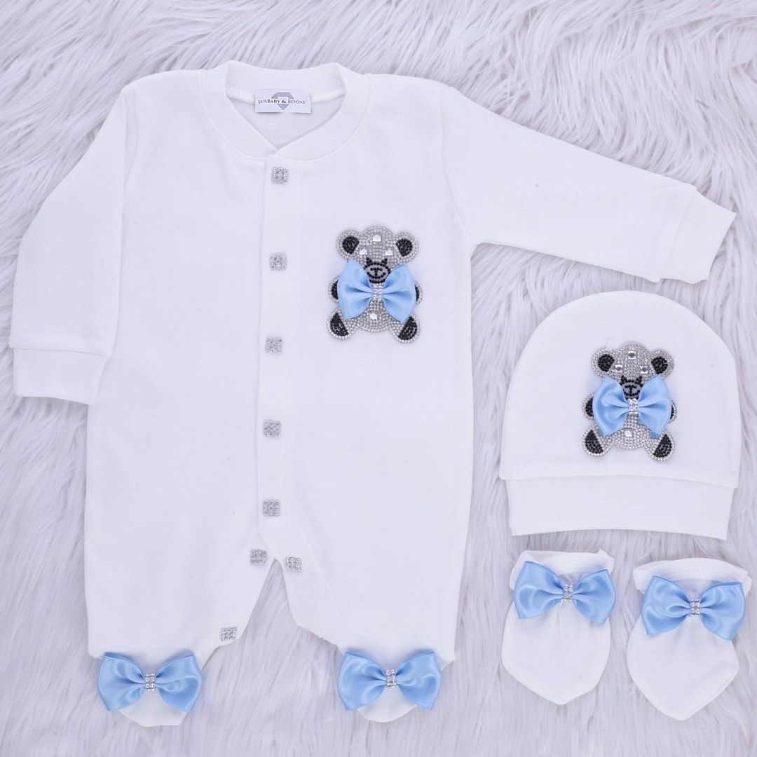 Exclusive Royal 3Piece Baby Hospital Exit Bling Outfit  (light blue satin bow / Silver bear)