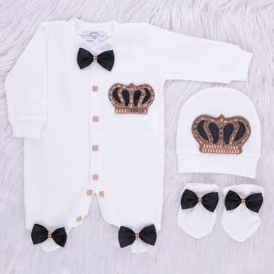 Exclusive Royal 3Piece Baby Hospital Exit Bling Outfit  (black satin bow / golden crown)