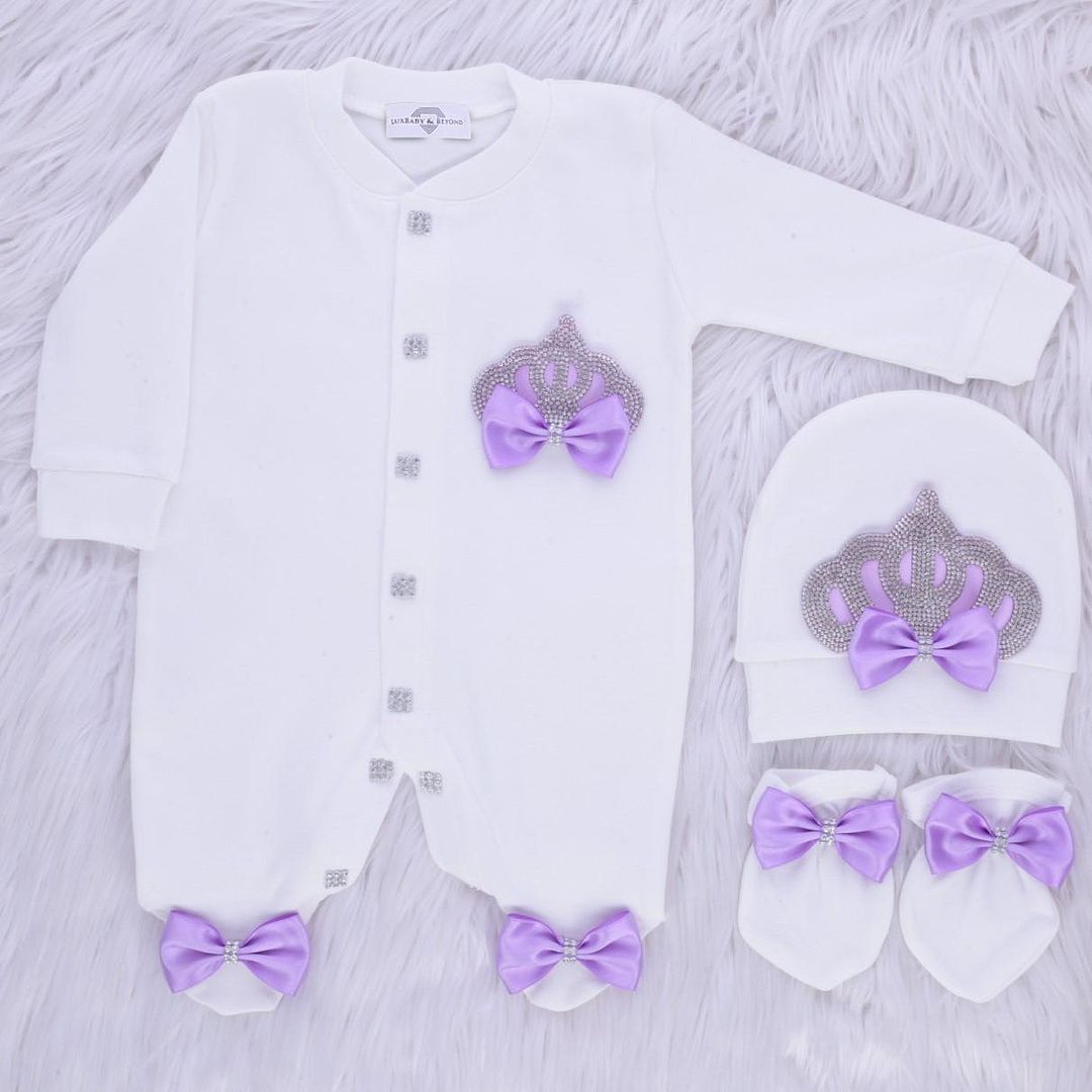 Exclusive Royal 3Piece Baby Hospital Exit Bling Outfit  (lilac bow / silver crown)