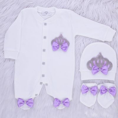 Exclusive Royal 3Piece Baby Hospital Exit Bling Outfit  (lilac bow / silver crown)