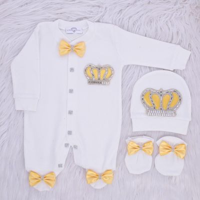 Exclusive Royal 3Piece Baby Hospital Exit Bling Outfit  (Yellow satin  bow /  silver crown)