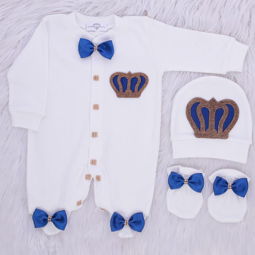 Exclusive Royal 3Piece Baby Hospital Exit Bling Outfit  (royal blue bow /  golden crown)