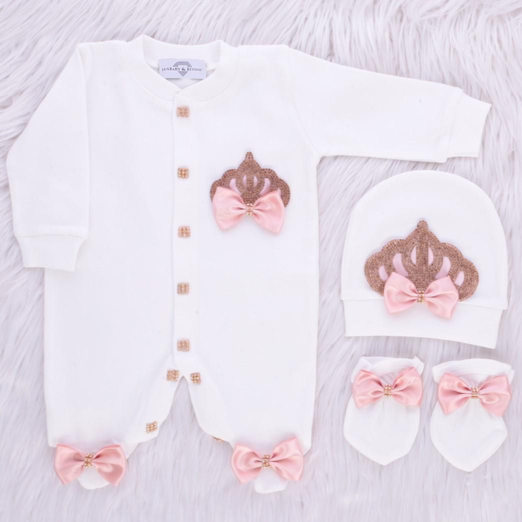 Exclusive Royal 3Piece Baby Hospital Exit Bling Outfit  (satin bow /  golden crown)