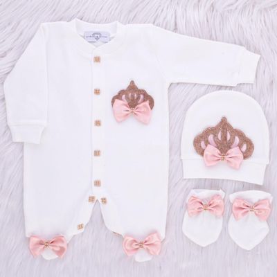 Exclusive Royal 3Piece Baby Hospital Exit Bling Outfit  (satin bow /  golden crown)
