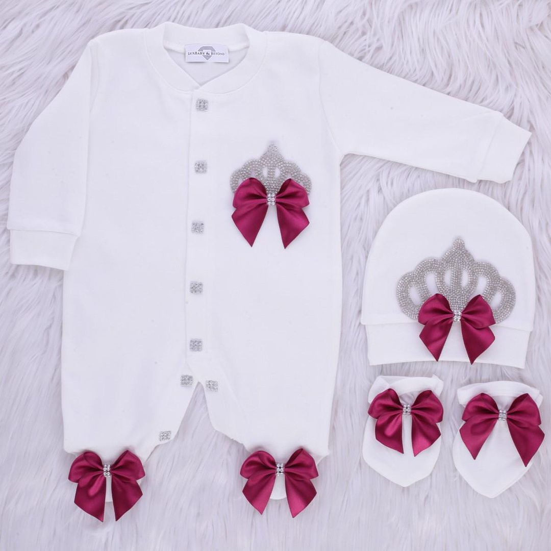 Exclusive Royal 3Piece Baby Hospital Exit Bling Outfit  (satin bow /  silver crown)