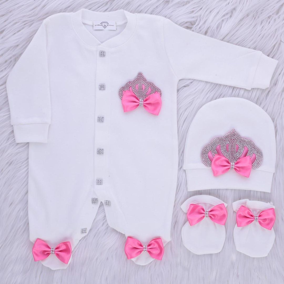 Exclusive Royal 3Piece Baby Hospital Exit Bling Outfit  (satin bow /  silver crown)