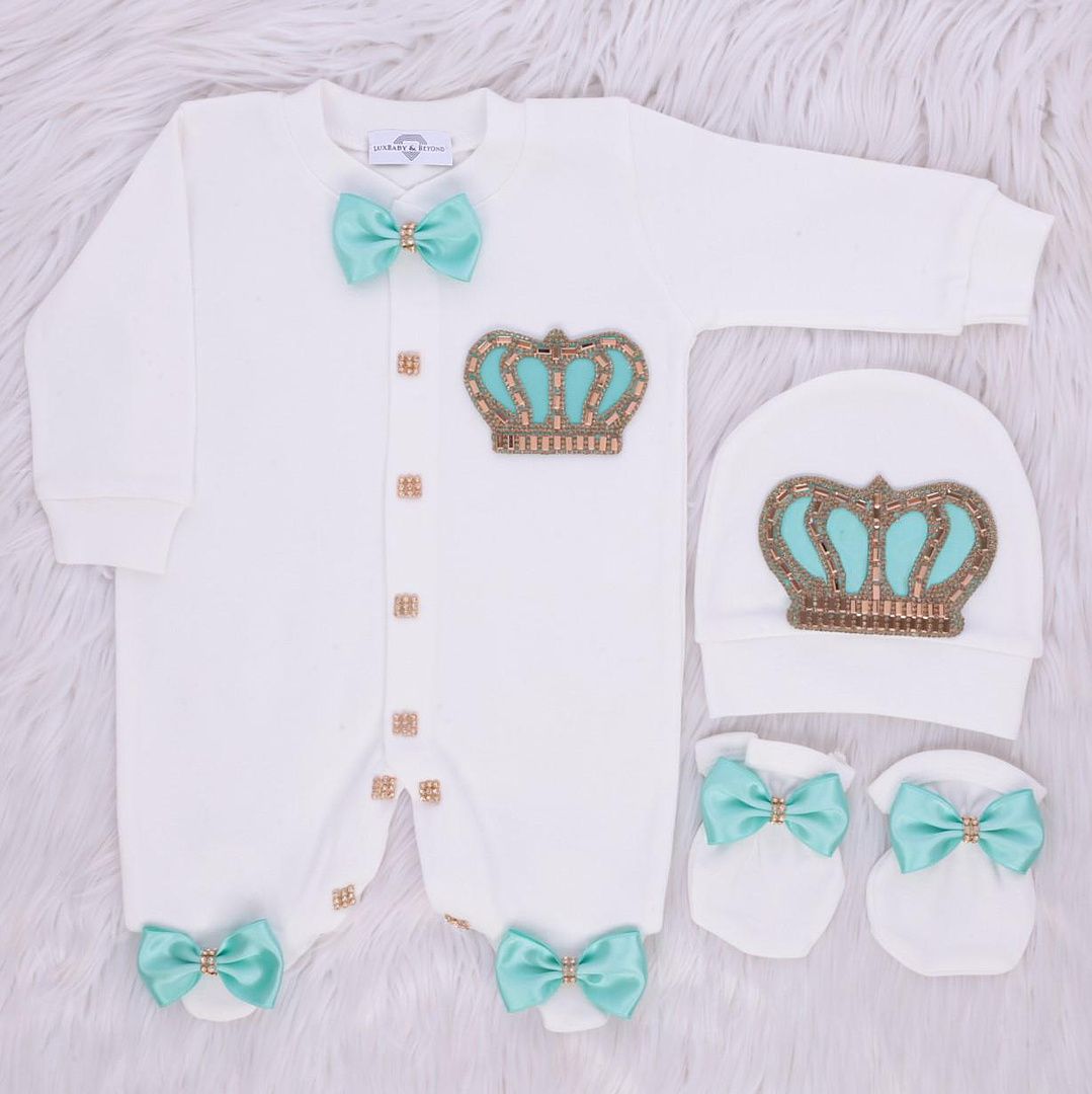Exclusive Royal 3Piece Baby Hospital Exit Bling Outfit  (satin bow /  golden crown)