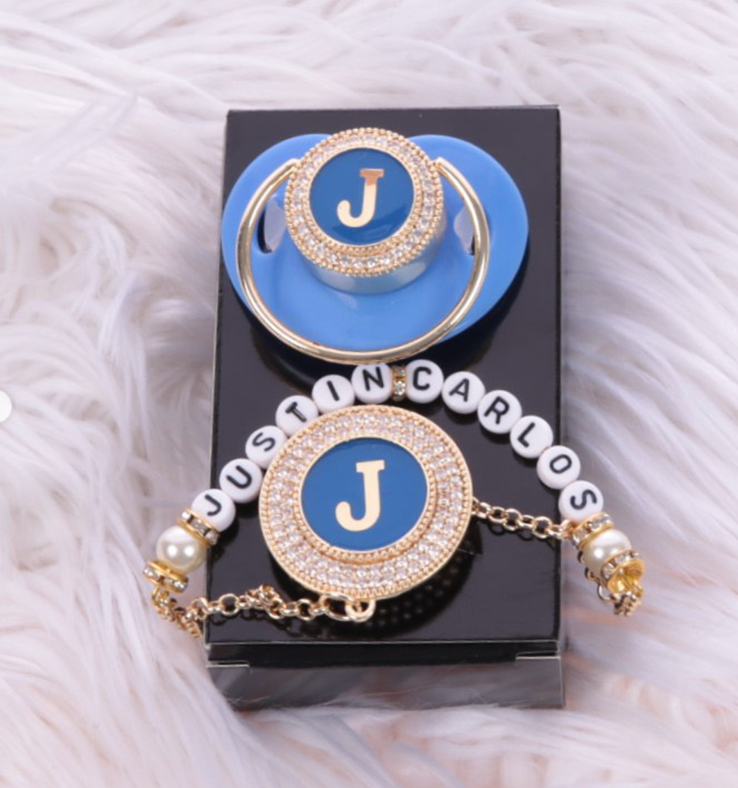 Handmade Personalised Rhinestone Baby Pacifier and pink (Blue)