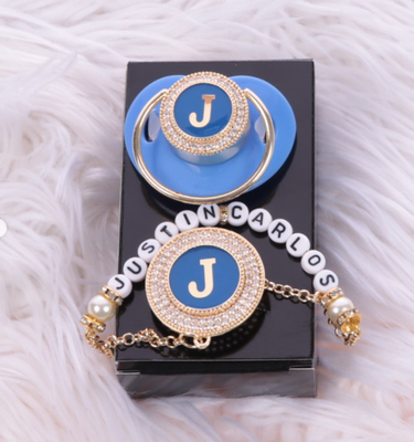 Handmade Personalised Rhinestone Baby Pacifier and pink (Blue)