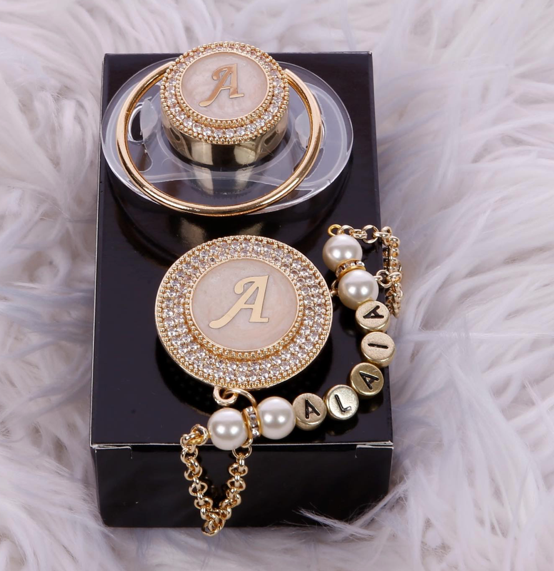 Handmade Personalised Rhinestone Baby Pacifier and clip (Golden)