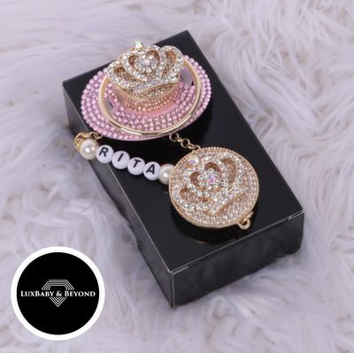 Handmade Personalised Rhinestone Baby Pacifier and clip ( pink)