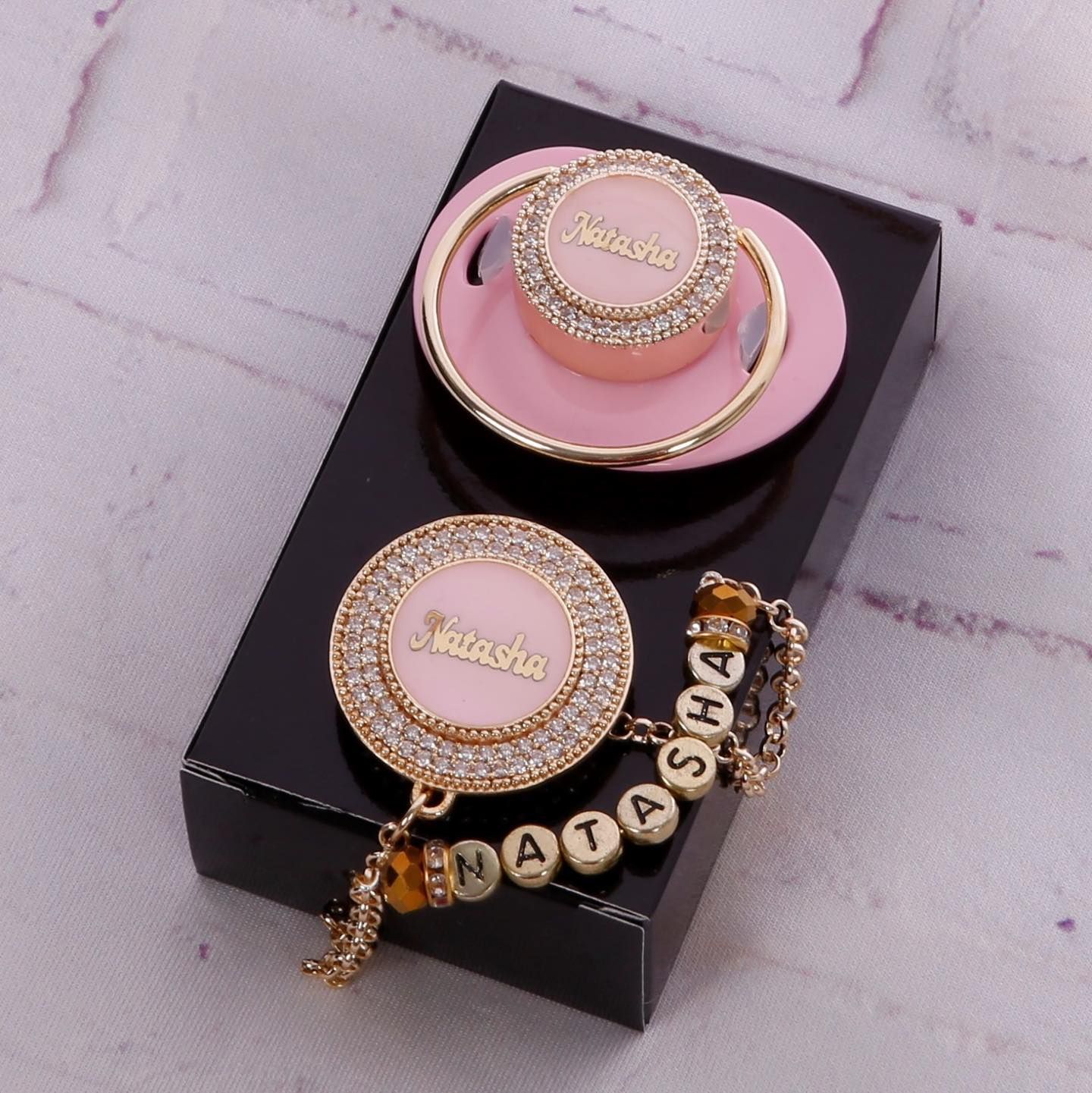 Handmade Personalised Rhinestone Baby Pacifier and clip ( pink)