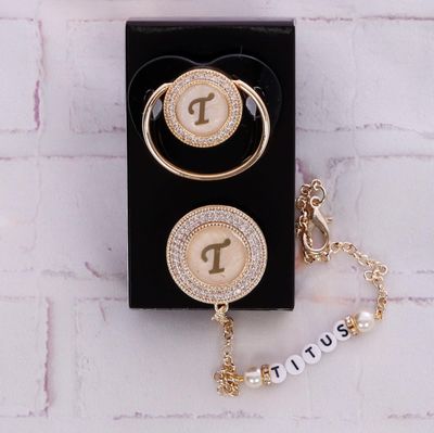 Handmade Personalised Rhinestone Baby Pacifier and clip (Golden)
