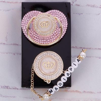 Handmade Personalised Rhinestone Baby Pacifier and clip (pink)