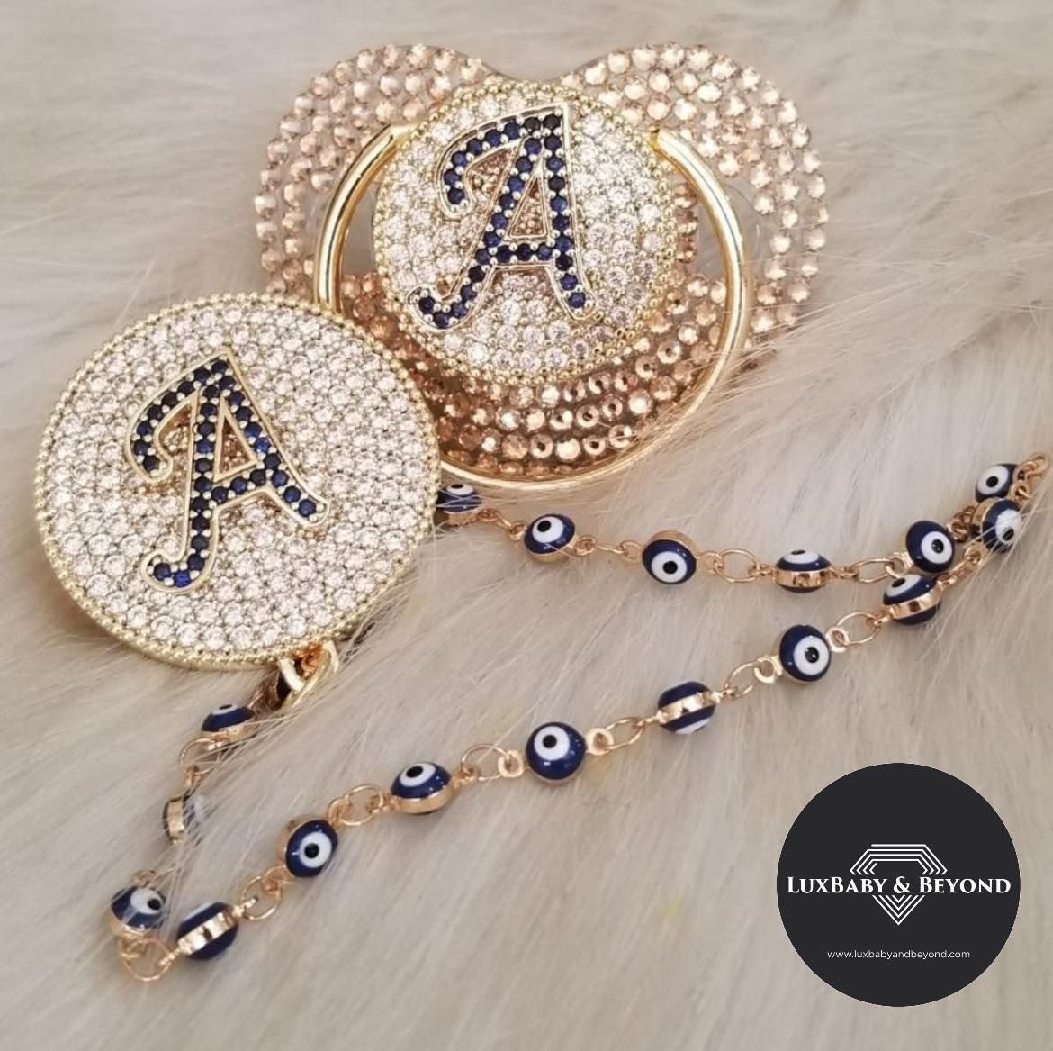 Handmade Personalised Rhinestone Baby Pacifier and clip ( golden)