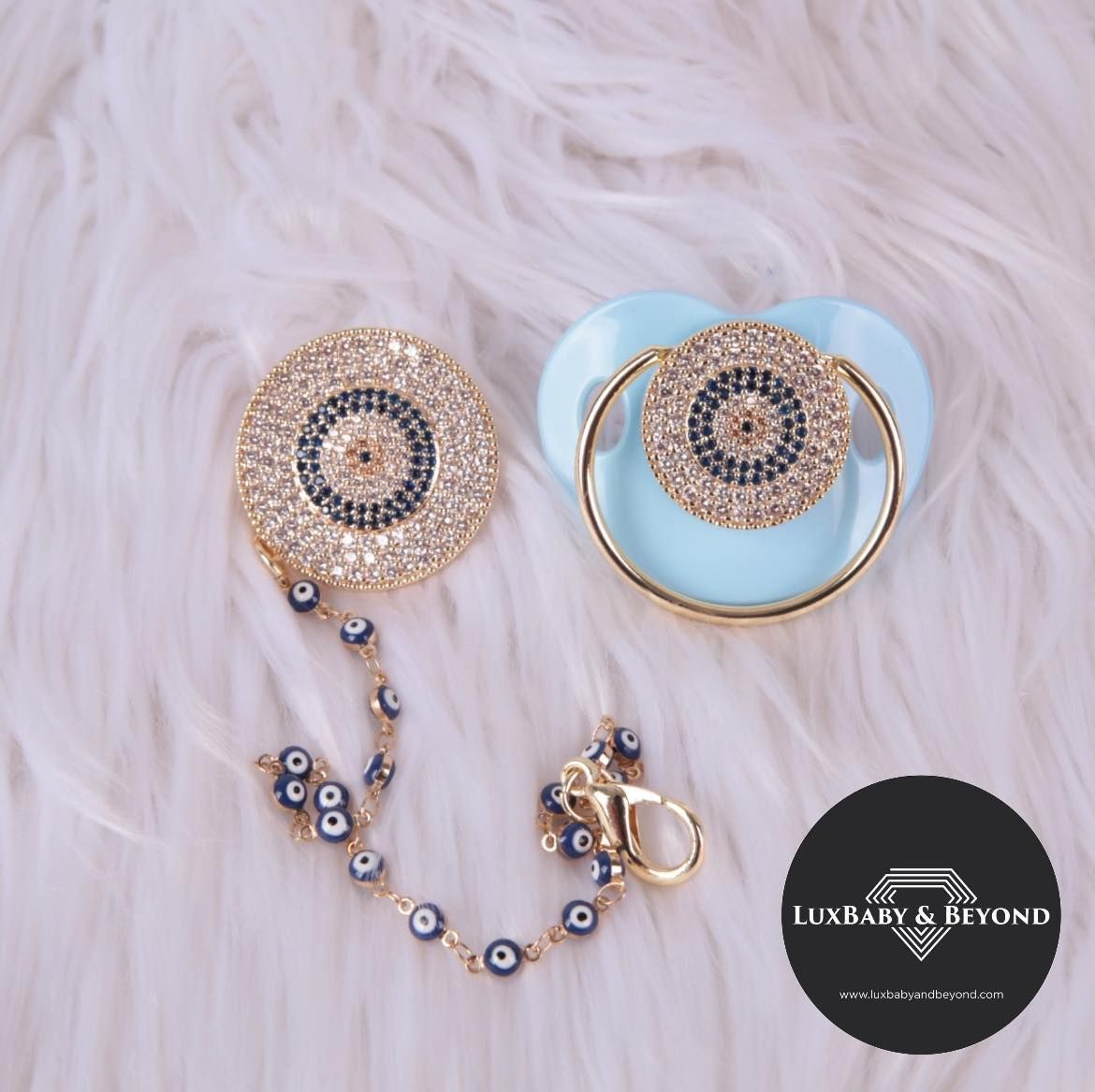Handmade Personalised Rhinestone Baby Pacifier and clip (blue)