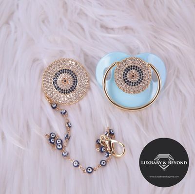 Handmade Personalised Rhinestone Baby Pacifier and clip (blue)
