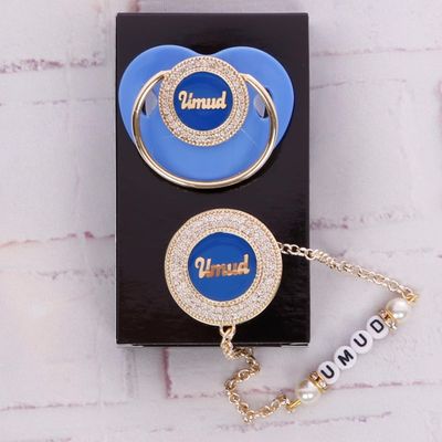 Handmade Personalised Rhinestone Baby Pacifier and clip (blue)