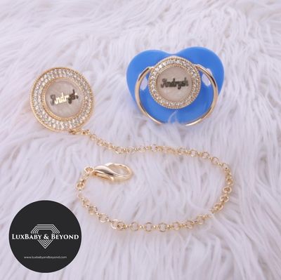 Handmade Personalised Rhinestone Baby Pacifier and clip (blue)