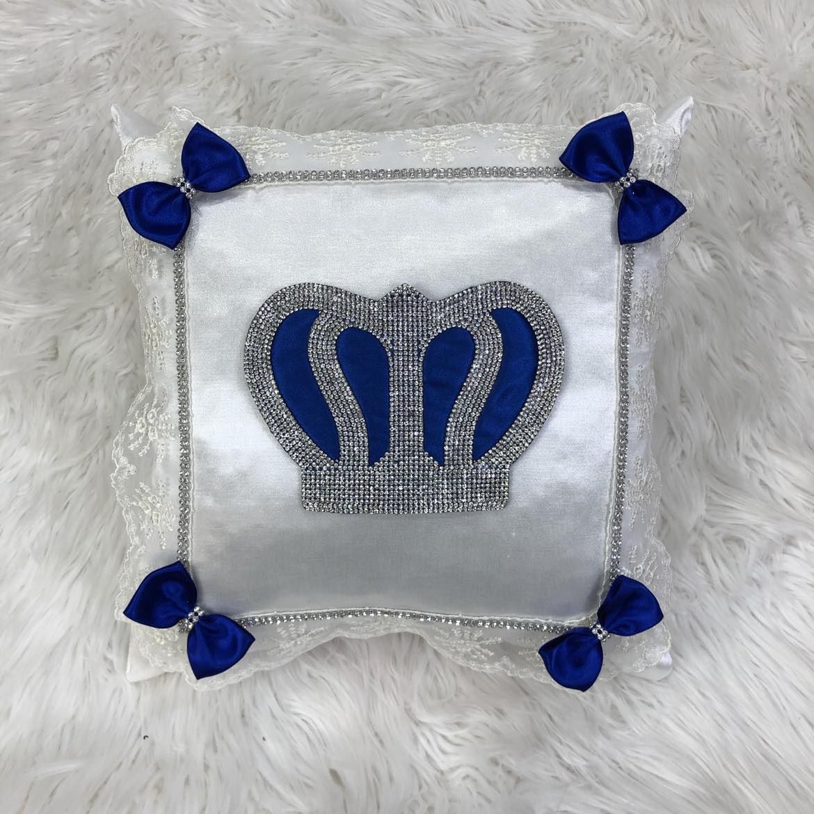Luxury white Satin Pillow Case   ( Royal blue crown &amp; Silver Crown )