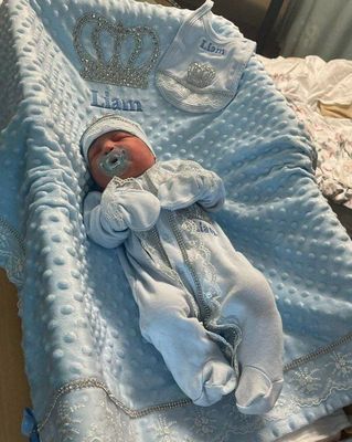 Luxury 5-Piece Baby boy Hospital Exit Outfit ( light blue lace + Silver Crown)