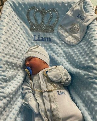 Luxury 5-Piece Baby boy Hospital Exit Outfit ( light blue lace + Silver Crown)