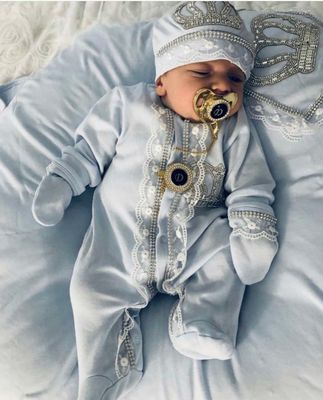 Luxury 5-Piece Baby boy Hospital Exit Outfit ( White lace + Silver Crown)