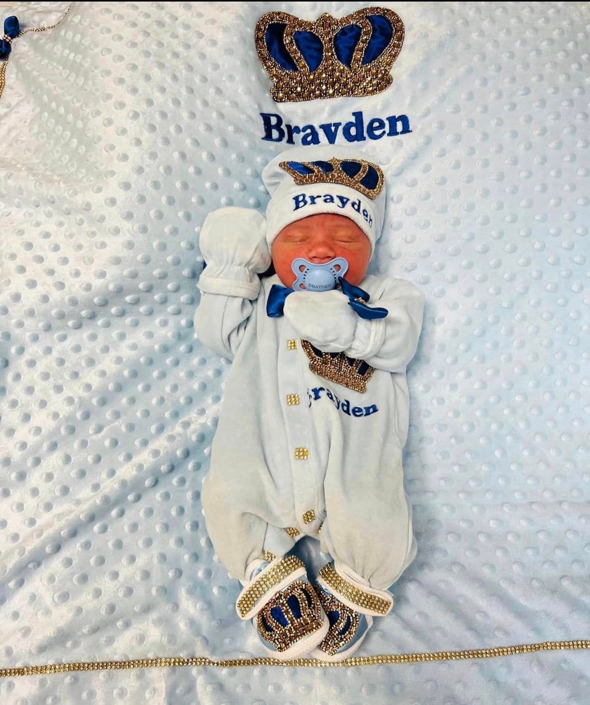 Luxury 5-Piece Blue Baby Boy Hospital Exit Outfit (Royal blue bow + Golden Crown)