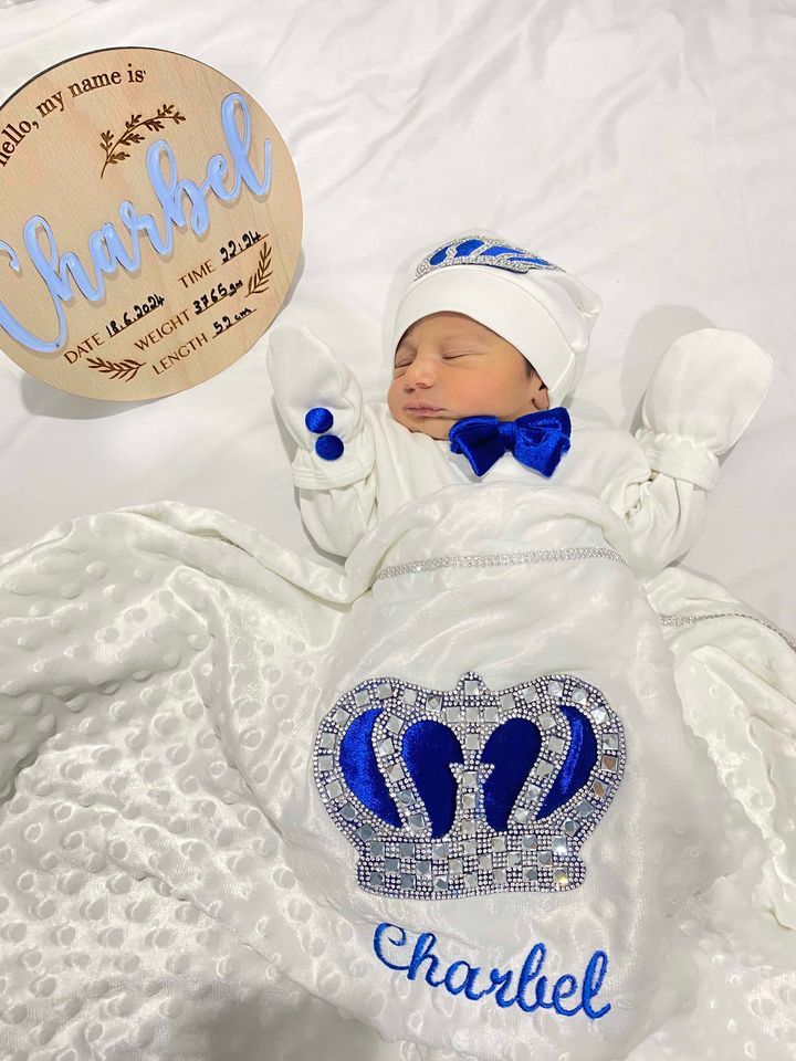 Luxury 5-Piece Baby boy Hospital Exit Outfit ( Royal blue velvet bow + Silver Crown)