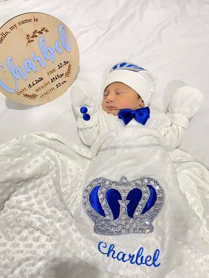 Luxury 5-Piece Baby boy Hospital Exit Outfit ( Royal blue velvet bow + Silver Crown)