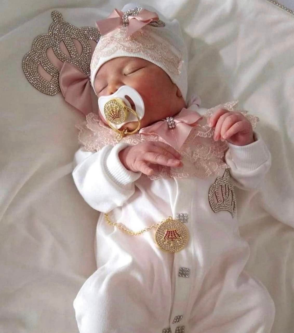 Luxury 7-Piece Baby girl Hospital Exit Outfit ( peach lace, bow + silver Crown)