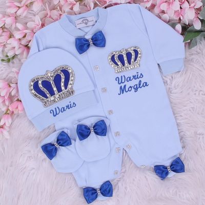 Exclusive Royal 3Piece Baby boy Hospital Exit Bling Outfit  (Blue/ Royal Blue/ Silver Crown)