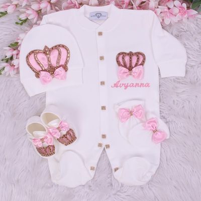 Luxury 4-Piece Baby girl Hospital Exit Outfit  ( Pink bow and golden crown)