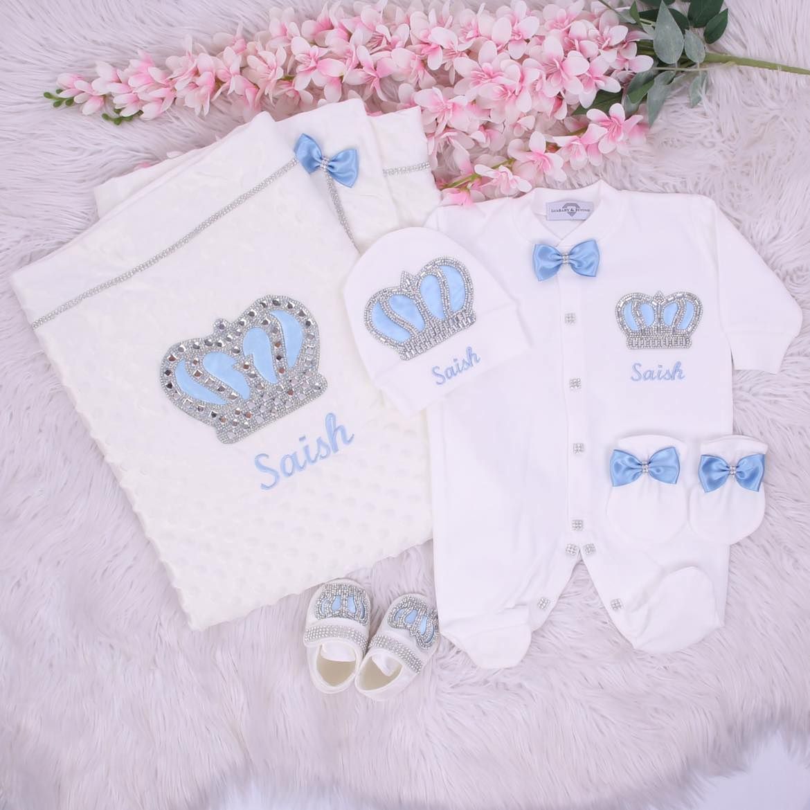 Luxury 5-Piece Baby boy Hospital Exit Outfit Silver Crown  ( Light Blue )
