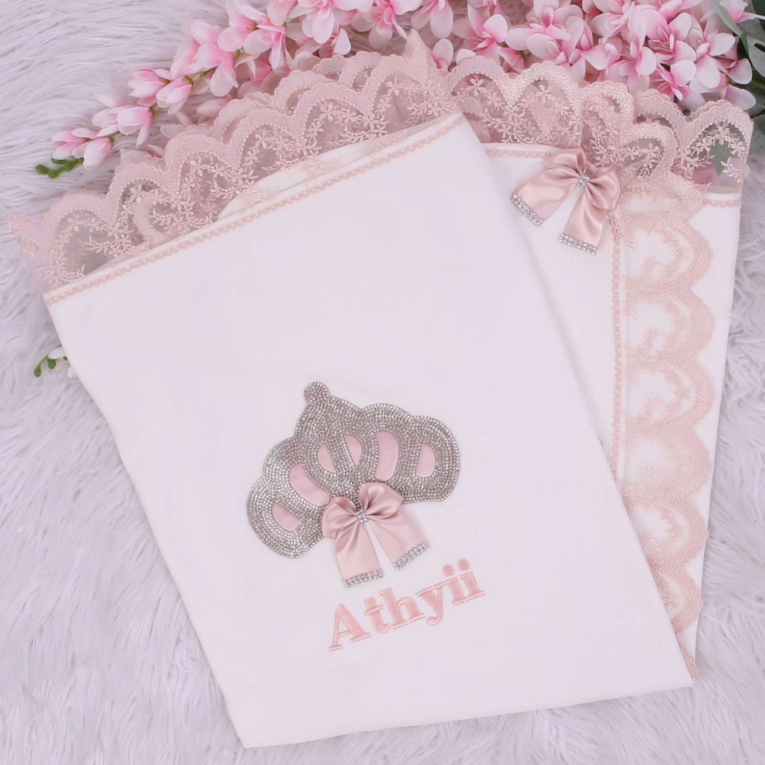 Personalised White Receiving Blanket (blush pink &amp; silver crown)
