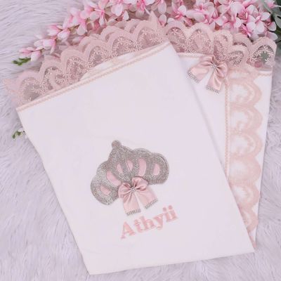 Personalised White Receiving Blanket (blush pink &amp; silver crown)