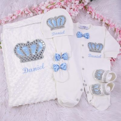 Luxury 5-Piece Baby boy Hospital Exit Outfit Silver Crown  ( Light Blue )