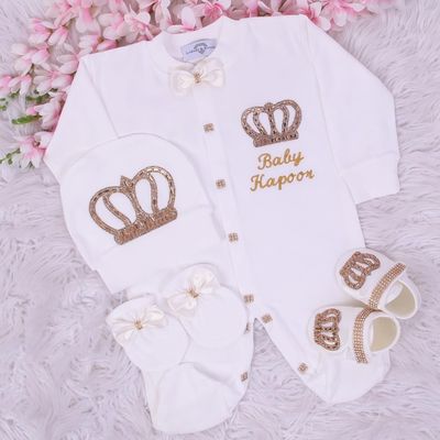 Exclusive Royal 4Piece Baby Hospital Exit Bling Outfit  (satin bow / golden crown)