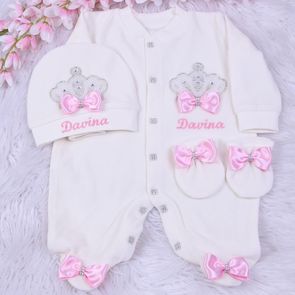 Exclusive Royal 3Piece Baby Hospital Exit Bling Outfit  (satin bow / pearl crown)