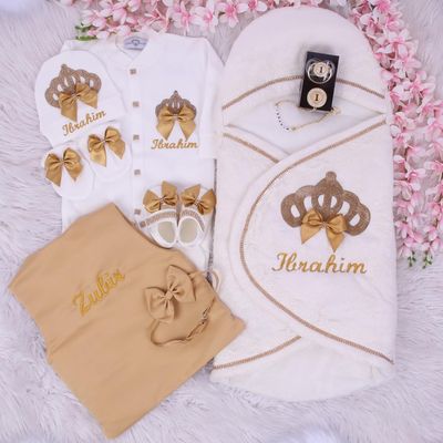 Handmade 𝗟𝘂𝘅𝘂𝗿𝘆 𝗡𝗲𝘄𝗯𝗼𝗿𝗻 Home Welcoming &amp; Brothers combo 8-Piece set ( Golden bow and golden crown)-