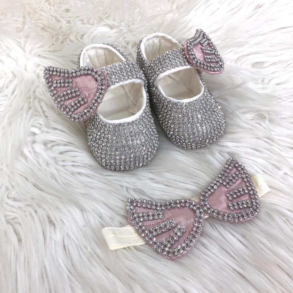 Handmade  Shoes and Headband Set (Silver &amp; BLUSH PINK- wing )