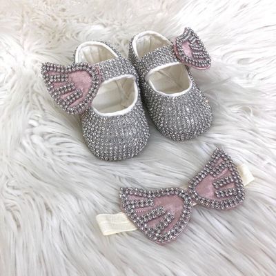 Handmade  Shoes and Headband Set (Silver &amp; BLUSH PINK- wing )
