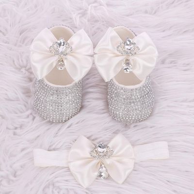 Handmade  Shoes and Headband Set (White bow &amp; Silver Rhinestones)