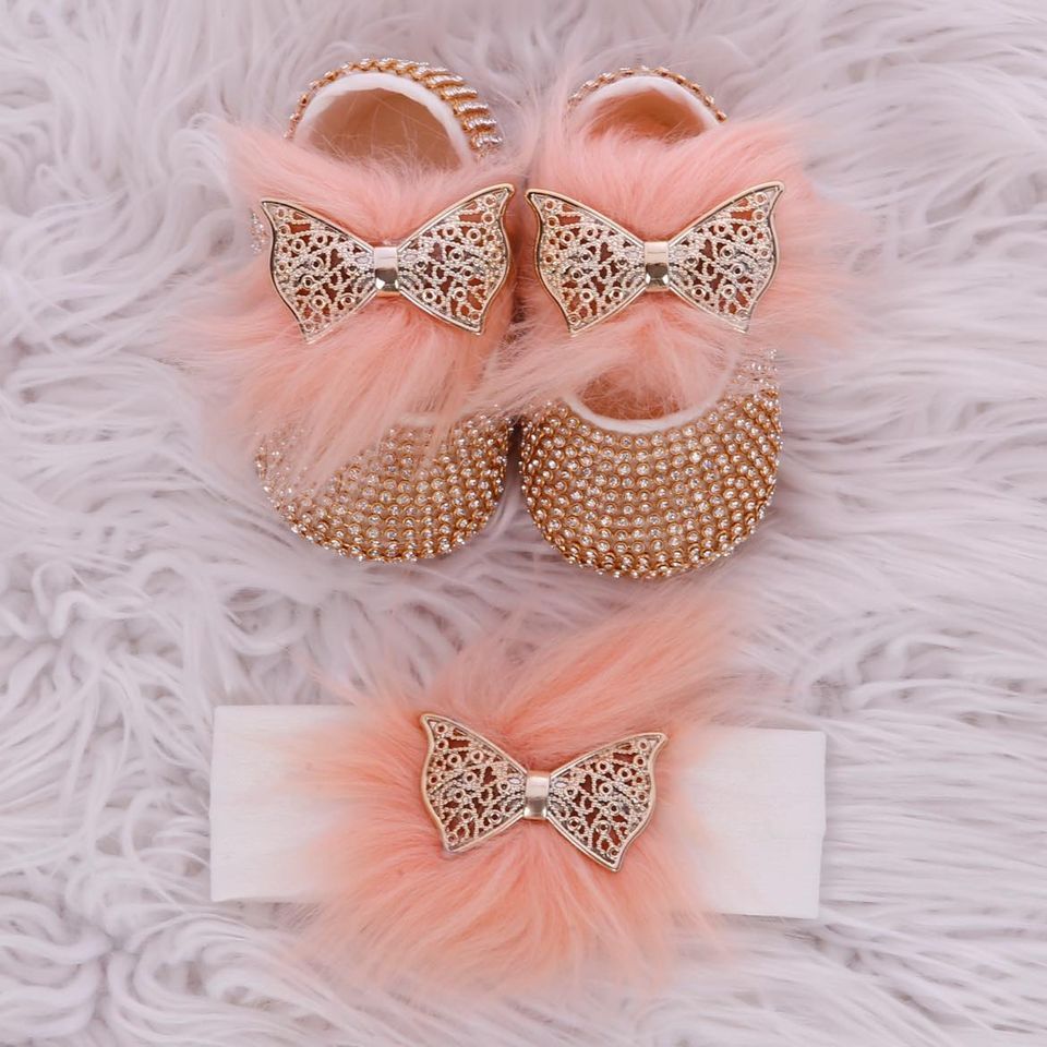 Handmade  Shoes and Headband Set (Peach fur &amp; golden Rhinestones)