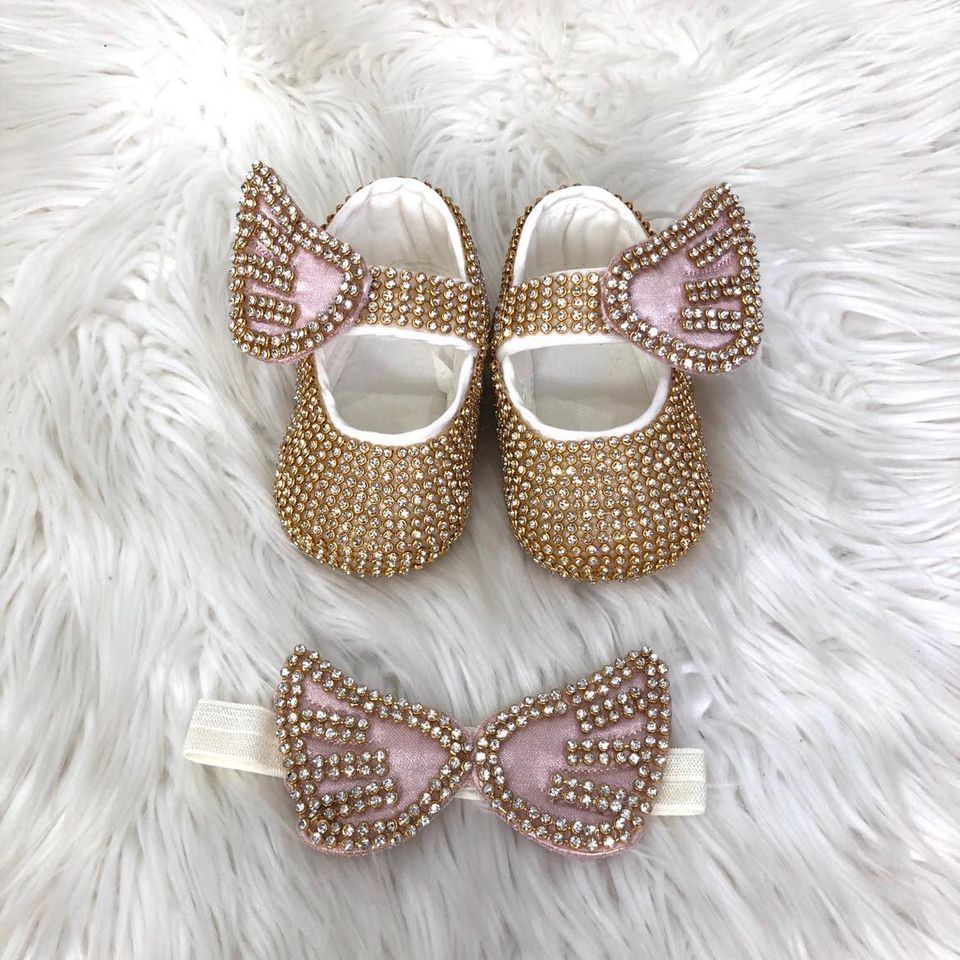 Handmade  Shoes and Headband Set (Blush Wings &amp; Golden Rhinestones)